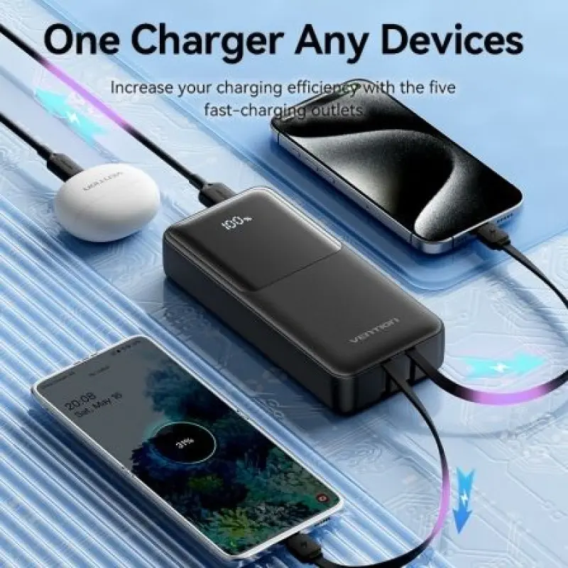 Powerbank 20000mAh Vention FHPB0/ 22.5W/ Negra/ Incluye Cable USB TIpo-C y Lightning Powerbank 20000mAh Vention FHPB0/ 22.5W/ Negra/ Incluye Cable USB TIpo-C y Lightning