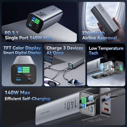 Powerbank 27000mAh Vention FHVH0/ 140W/ Gris/ Incluye Cable USB Tipo-C y Lightning Powerbank 27000mAh Vention FHVH0/ 140W/ Gris/ Incluye Cable USB Tipo-C y Lightning