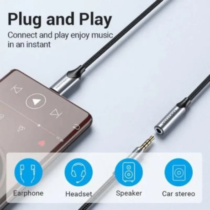 Conversor Vention BGMHF/ Jack 3.5 Hembra - USB Tipo-C Macho/ 1m/ Gris Conversor Vention BGMHF/ Jack 3.5 Hembra - USB Tipo-C Macho/ 1m/ Gris