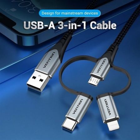 Cable USB 2.0 Tipo-C Vention CQJHF/ USB Macho/ USB Tipo-C Macho - MicroUSB Macho - Lightning Macho/ 480Mbps/ 1m/ Gris Cable USB 2.0 Tipo-C Vention CQJHF/ USB Macho/ USB Tipo-C Macho - MicroUSB Macho - Lightning Macho/ 480Mbps/ 1m/ Gris