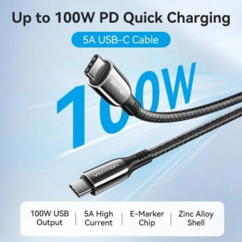 Cable USB 2.0 Tipo-C 5A 100W Vention CTKBAV/ USB Tipo-C Macho - USB Tipo-C Macho/ Hasta 100W/ 480Mbps/ 1.2m/ Negro
