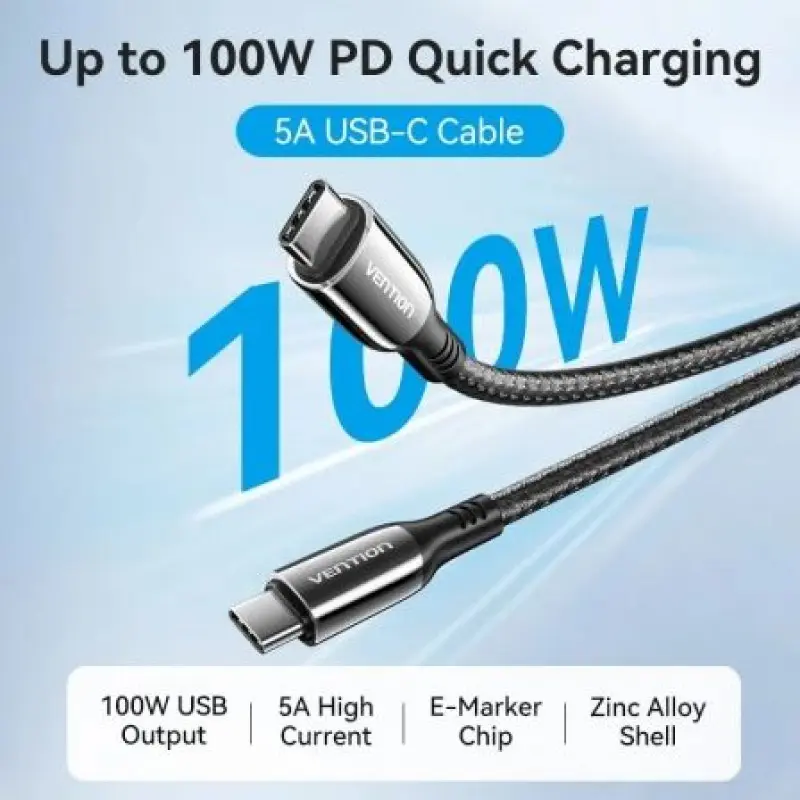 Cable USB 2.0 Tipo-C 5A 100W Vention CTKBAV/ USB Tipo-C Macho - USB Tipo-C Macho/ Hasta 100W/ 480Mbps/ 1.2m/ Negro Cable USB 2.0 Tipo-C 5A 100W Vention CTKBAV/ USB Tipo-C Macho - USB Tipo-C Macho/ Hasta 100W/ 480Mbps/ 1.2m/ Negro