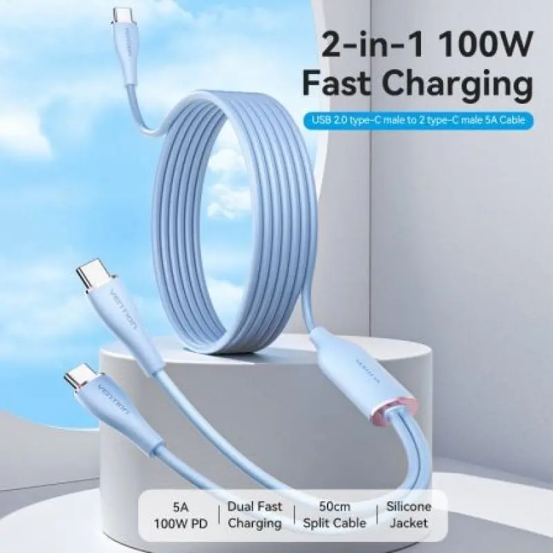 Cable USB Tipo-C Vention CTMSG/ USB Tipo-C Macho - 2 x USB Tipo-C Macho/ Hasta 100W/ 480Mbps/ 1.5m/ Azul Cable USB Tipo-C Vention CTMSG/ USB Tipo-C Macho - 2 x USB Tipo-C Macho/ Hasta 100W/ 480Mbps/ 1.5m/ Azul