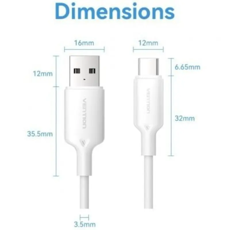Cable USB 2.0 Tipo-C Vention CTQWF/ USB Tipo-C Macho - USB Macho/ Hasta 60W/ 480Mbps/ 1m/ Blanco Cable USB 2.0 Tipo-C Vention CTQWF/ USB Tipo-C Macho - USB Macho/ Hasta 60W/ 480Mbps/ 1m/ Blanco
