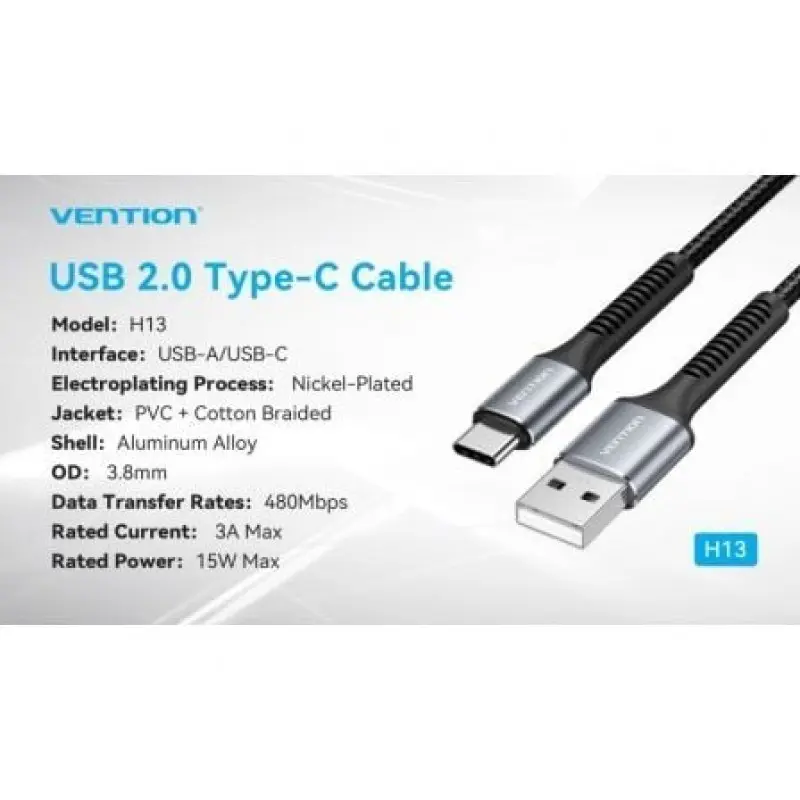 Cable USB Tipo-C Vention H13BF/ USB Macho - USB Tipo-C Macho/ 15W/ 480Mbps/ 1m/ Negro Cable USB Tipo-C Vention H13BF/ USB Macho - USB Tipo-C Macho/ 15W/ 480Mbps/ 1m/ Negro