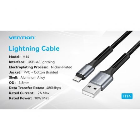 Cable USB 2.0 Lightning Vention H14BF/ Lightning Macho - USB Macho/ 10W/ 480Mbps/ 1m/ Negro Cable USB 2.0 Lightning Vention H14BF/ Lightning Macho - USB Macho/ 10W/ 480Mbps/ 1m/ Negro