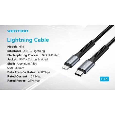 Cable USB Tipo-C Lightning Vention H16BF/ Lightning Macho - USB Tipo-C Macho/ 27W/ 480Mbps/ 1m/ Negro Cable USB Tipo-C Lightning Vention H16BF/ Lightning Macho - USB Tipo-C Macho/ 27W/ 480Mbps/ 1m/ Negro