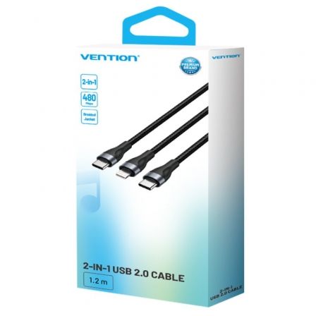 Cable USB Tipo-C Vention H17BAV/ USB Tipo-C Macho - Lightning Macho/ USB Tipo-C Macho/ 60W/ 480Mbps/ 1.2m/ Negro Cable USB Tipo-C Vention H17BAV/ USB Tipo-C Macho - Lightning Macho/ USB Tipo-C Macho/ 60W/ 480Mbps/ 1.2m/ Negro