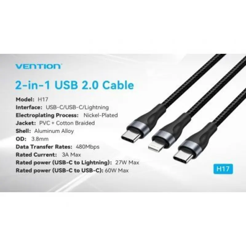 Cable USB Tipo-C Vention H17BAV/ USB Tipo-C Macho - Lightning Macho/ USB Tipo-C Macho/ 60W/ 480Mbps/ 1.2m/ Negro Cable USB Tipo-C Vention H17BAV/ USB Tipo-C Macho - Lightning Macho/ USB Tipo-C Macho/ 60W/ 480Mbps/ 1.2m/ Negro