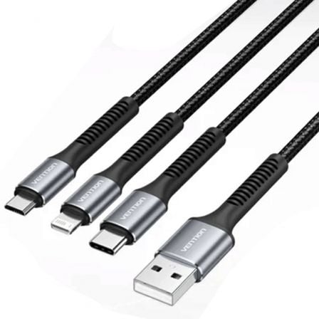 Cable USB Tipo-C Lightning Vention H18BAV/ USB Tipo-C Macho/ Lightning Macho - MicroUSB Macho - USB Macho/ 1.2m/ Negro Cable USB Tipo-C Lightning Vention H18BAV/ USB Tipo-C Macho/ Lightning Macho - MicroUSB Macho - USB Macho/ 1.2m/ Negro