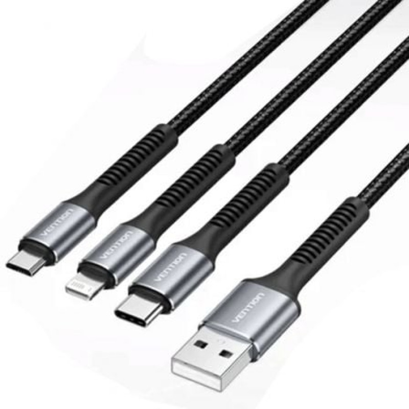 Cable USB Tipo-C Lightning Vention H18BAV/ USB Tipo-C Macho/ Lightning Macho - MicroUSB Macho - USB Macho/ 1.2m/ Negro Cable USB Tipo-C Lightning Vention H18BAV/ USB Tipo-C Macho/ Lightning Macho - MicroUSB Macho - USB Macho/ 1.2m/ Negro