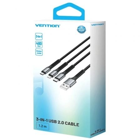 Cable USB Tipo-C Lightning Vention H18BAV/ USB Tipo-C Macho/ Lightning Macho - MicroUSB Macho - USB Macho/ 1.2m/ Negro Cable USB Tipo-C Lightning Vention H18BAV/ USB Tipo-C Macho/ Lightning Macho - MicroUSB Macho - USB Macho/ 1.2m/ Negro