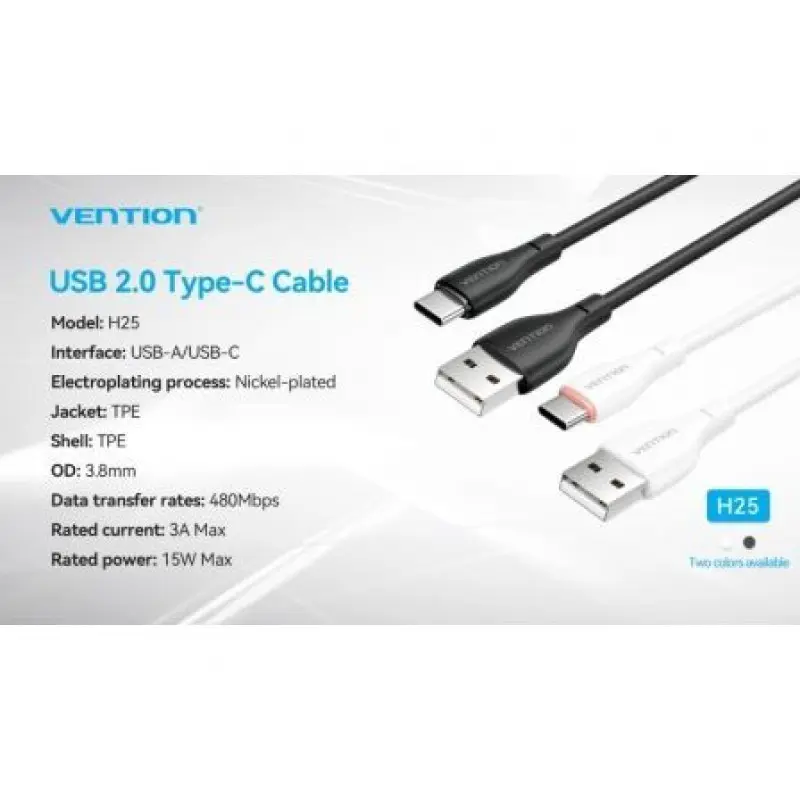 Cable USB Tipo-C Vention H25WF/ USB Tipo-C Macho - USB Macho/ 15W/ 480Mbps/ 1m/ Blanco Cable USB Tipo-C Vention H25WF/ USB Tipo-C Macho - USB Macho/ 15W/ 480Mbps/ 1m/ Blanco