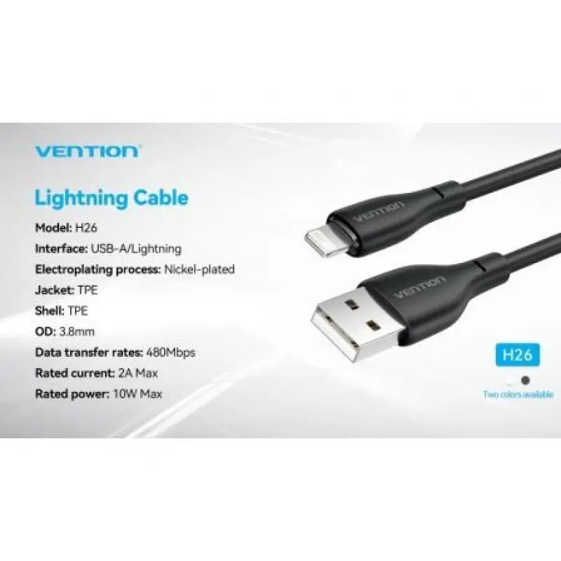 Cable USB 2.0 Lightning Vention H26BF/ Lightning Macho - USB Macho/ 10W/ 480Mbps/ 1m/ Negro Cable USB 2.0 Lightning Vention H26BF/ Lightning Macho - USB Macho/ 10W/ 480Mbps/ 1m/ Negro