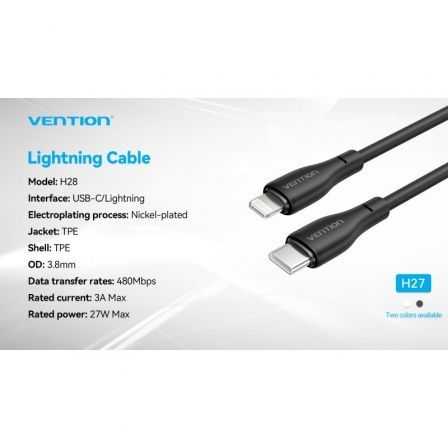 Cable USB Tipo-C Lightning Vention H28BF/ USB Tipo-C Macho - Lightning Macho/ 27W/ 480Mbps/ 1m/ Negro Cable USB Tipo-C Lightning Vention H28BF/ USB Tipo-C Macho - Lightning Macho/ 27W/ 480Mbps/ 1m/ Negro