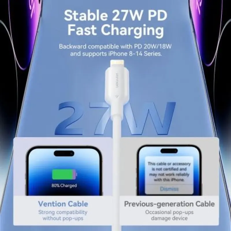 Cable USB 2.0 Tipo-C Lightning Vention LAKPH/ USB Tipo-C Macho - Lightning Macho/ Hasta 27W/ 480Mbps/ 2m/ Rosa Cable USB 2.0 Tipo-C Lightning Vention LAKPH/ USB Tipo-C Macho - Lightning Macho/ Hasta 27W/ 480Mbps/ 2m/ Rosa