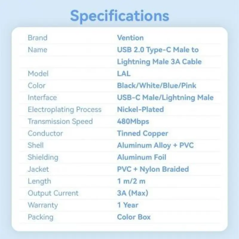 Cable USB Tipo-C Lightning Vention LALBF/ USB Tipo-C Macho - Lightning Macho/ 27W/ 480Mbps/ 1m/ Negro Cable USB Tipo-C Lightning Vention LALBF/ USB Tipo-C Macho - Lightning Macho/ 27W/ 480Mbps/ 1m/ Negro