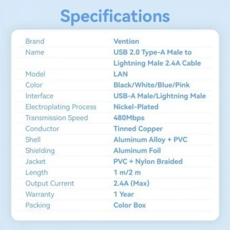 Cable USB 2.0 Lightning Vention LANSF/ USB Macho - Lightning Macho/ 480Mbps/ 1m/ Azul Cable USB 2.0 Lightning Vention LANSF/ USB Macho - Lightning Macho/ 480Mbps/ 1m/ Azul