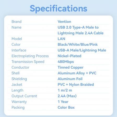 Cable USB Lightning Vention LANWF/ USB Macho - Lightning Macho/ 480Mbps/ 1m/ Blanco Cable USB Lightning Vention LANWF/ USB Macho - Lightning Macho/ 480Mbps/ 1m/ Blanco