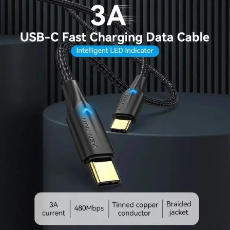 Cable USB 2.0 Tipo-C 3A Vention TAUBI/ USB Tipo-C Macho - USB Tipo-C Macho/ Hasta 60W/ 480Mbps/ 3m/ Negro Cable USB 2.0 Tipo-C 3A Vention TAUBI/ USB Tipo-C Macho - USB Tipo-C Macho/ Hasta 60W/ 480Mbps/ 3m/ Negro