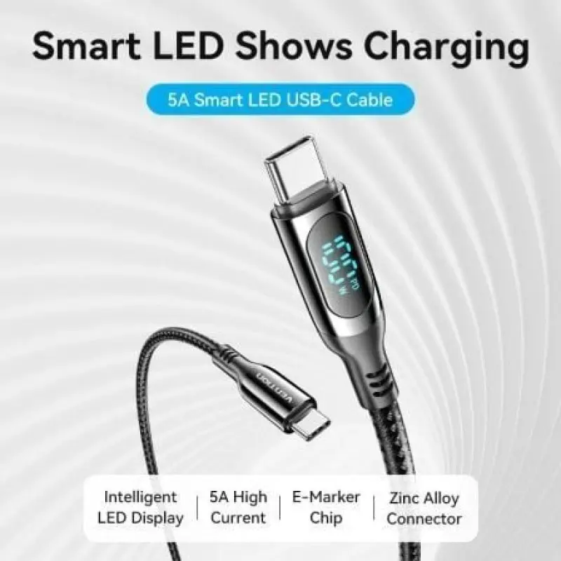 Cable USB 2.0 Tipo-C 5A 100W Vention TAYBAV/ USB Tipo-C Macho - USB Tipo-C Macho/ Hasta 100W/ 480Mbps/ 1.2m/ con Pantalla LED/ Negro Cable USB 2.0 Tipo-C 5A 100W Vention TAYBAV/ USB Tipo-C Macho - USB Tipo-C Macho/ Hasta 100W/ 480Mbps/ 1.2m/ con Pantalla LED/ Negro