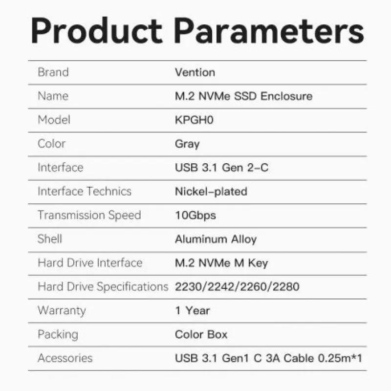 Caja Externa para Disco SSD M.2 NVMe Vention USB Tipo-C KPGH0/ USB 3.1 Gen2/ Sin tornillos Caja Externa para Disco SSD M.2 NVMe Vention USB Tipo-C KPGH0/ USB 3.1 Gen2/ Sin tornillos