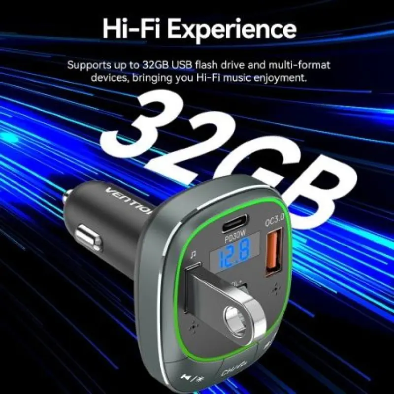 Transmisor FM/ MP3/ Bluetooth Vention FFLB0/ 1xUSB-Tipo C/ 2xUSB/ 30W Transmisor FM/ MP3/ Bluetooth Vention FFLB0/ 1xUSB-Tipo C/ 2xUSB/ 30W