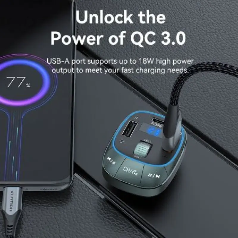 Transmisor FM/ MP3/ Bluetooth Vention FFLB0/ 1xUSB-Tipo C/ 2xUSB/ 30W Transmisor FM/ MP3/ Bluetooth Vention FFLB0/ 1xUSB-Tipo C/ 2xUSB/ 30W