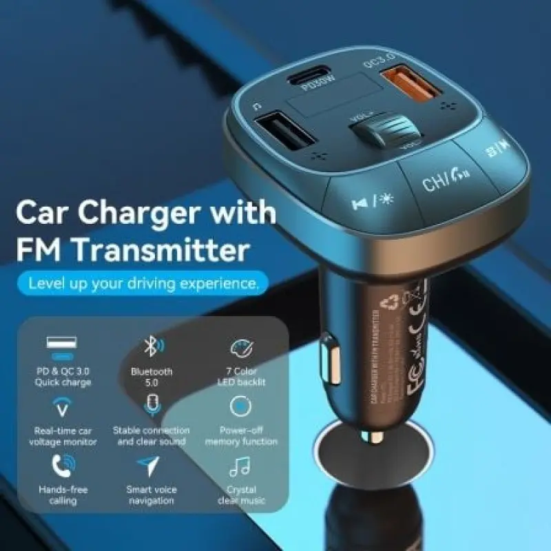 Transmisor FM/ MP3/ Bluetooth Vention FFLB0/ 1xUSB-Tipo C/ 2xUSB/ 30W Transmisor FM/ MP3/ Bluetooth Vention FFLB0/ 1xUSB-Tipo C/ 2xUSB/ 30W
