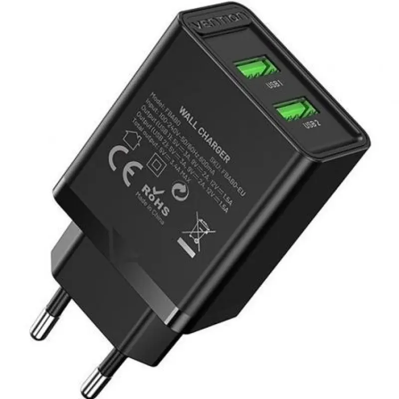 Cargador de Pared Vention FBAB0-EU/ 2xUSB/ 18W/ Negro Cargador de Pared Vention FBAB0-EU/ 2xUSB/ 18W/ Negro