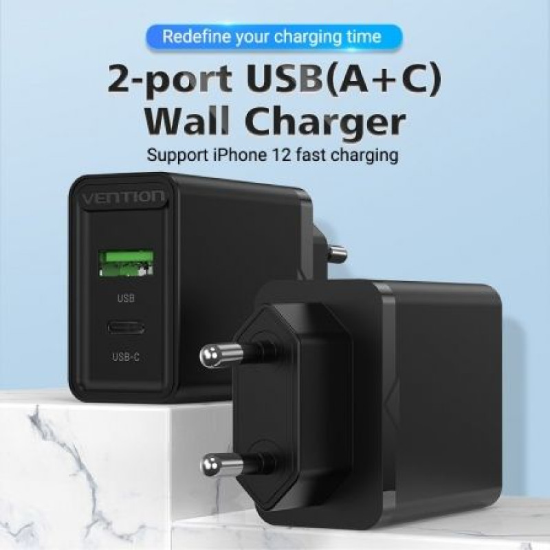 Cargador de Pared Vention FBBB0-EU/ 1xUSB Tipo-C/ 1xUSB/ 20W Cargador de Pared Vention FBBB0-EU/ 1xUSB Tipo-C/ 1xUSB/ 20W