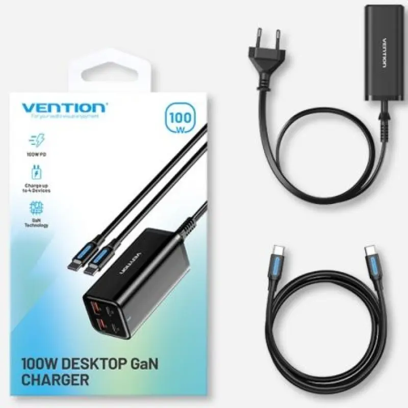 Cargador de Pared Vention FBSBG-EU/ 2xUSB Tipo-C + Cable USB Tipo-C/ 2xUSB/ 100W Cargador de Pared Vention FBSBG-EU/ 2xUSB Tipo-C + Cable USB Tipo-C/ 2xUSB/ 100W