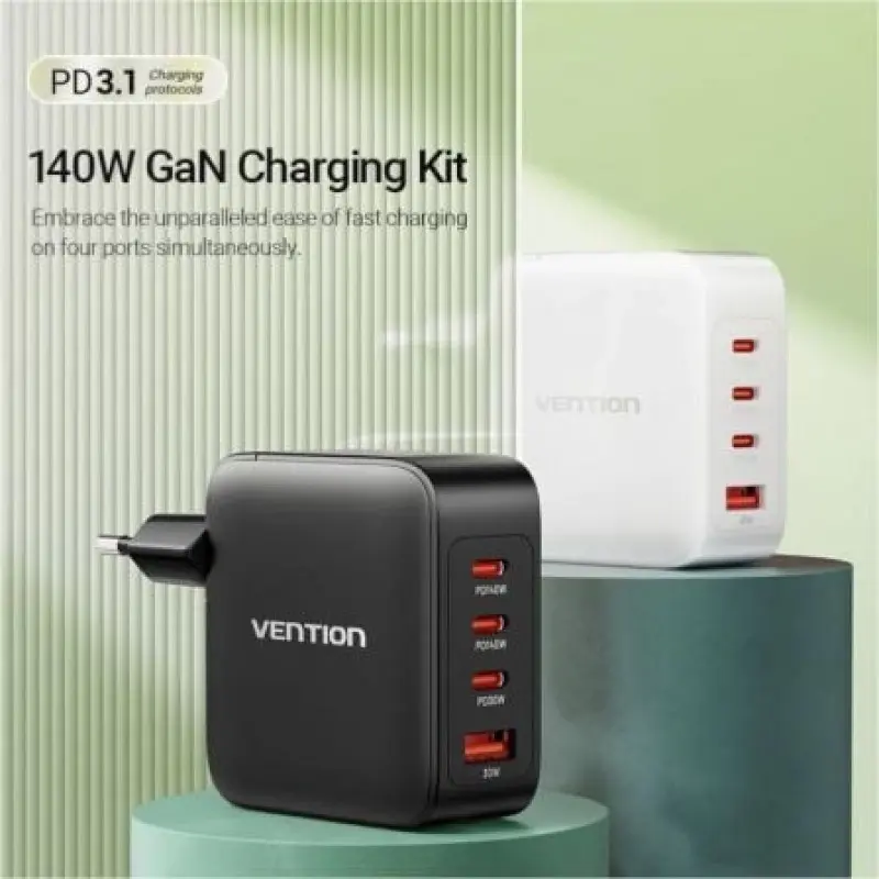 Cargador Gan de Pared Vention FEIB0-EU/ 3xUSB Tipo-C + Cable USB Tipo-C/ 1xUSB/ 140W Cargador Gan de Pared Vention FEIB0-EU/ 3xUSB Tipo-C + Cable USB Tipo-C/ 1xUSB/ 140W