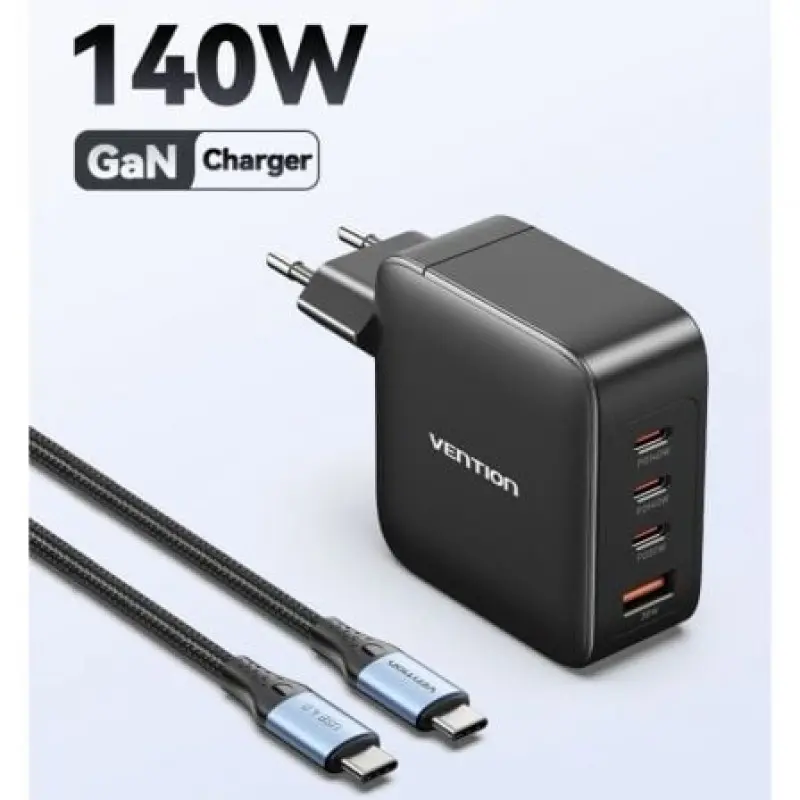 Cargador Gan de Pared Vention FEIB0-EU/ 3xUSB Tipo-C + Cable USB Tipo-C/ 1xUSB/ 140W Cargador Gan de Pared Vention FEIB0-EU/ 3xUSB Tipo-C + Cable USB Tipo-C/ 1xUSB/ 140W