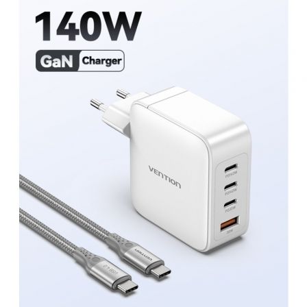 Cargador Gan de Pared Vention FEIW0-EU/ 3xUSB Tipo-C + Cable USB Tipo-C/ 1xUSB/ 140W Cargador Gan de Pared Vention FEIW0-EU/ 3xUSB Tipo-C + Cable USB Tipo-C/ 1xUSB/ 140W