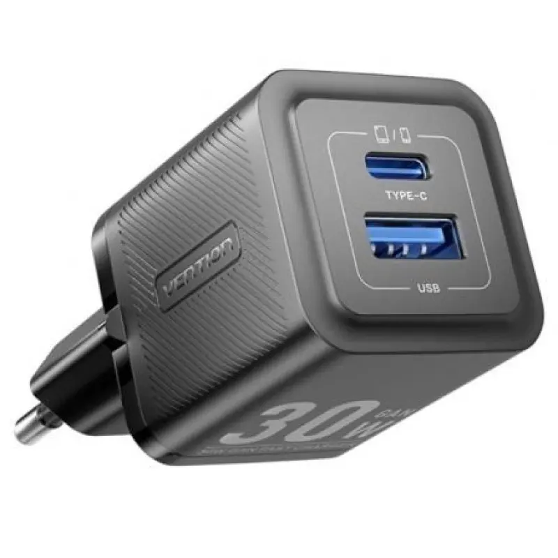 Cargador Gan de Pared Vention FEQB0-EU/ 1xUSB Tipo-C/ 1xUSB/ 30W Cargador Gan de Pared Vention FEQB0-EU/ 1xUSB Tipo-C/ 1xUSB/ 30W