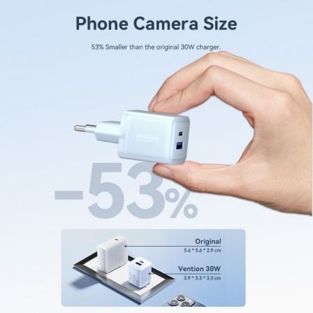 Cargador Gan de Pared Vention FEQW0-EU/ 1xUSB Tipo-C/ 1xUSB/ 30W Cargador Gan de Pared Vention FEQW0-EU/ 1xUSB Tipo-C/ 1xUSB/ 30W