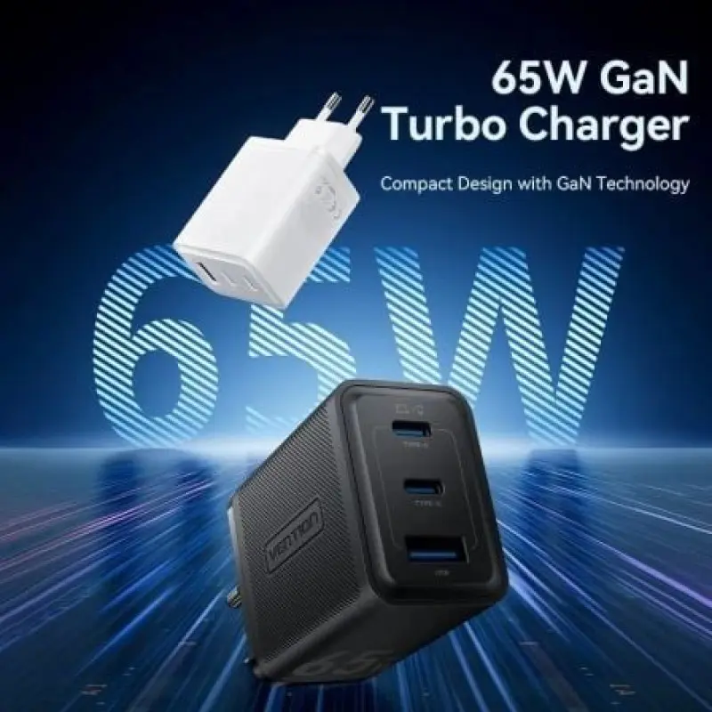 Cargador Gan de Pared Vention FERW0-EU/ 2xUSB Tipo-C/ 1xUSB/ 65W Cargador Gan de Pared Vention FERW0-EU/ 2xUSB Tipo-C/ 1xUSB/ 65W