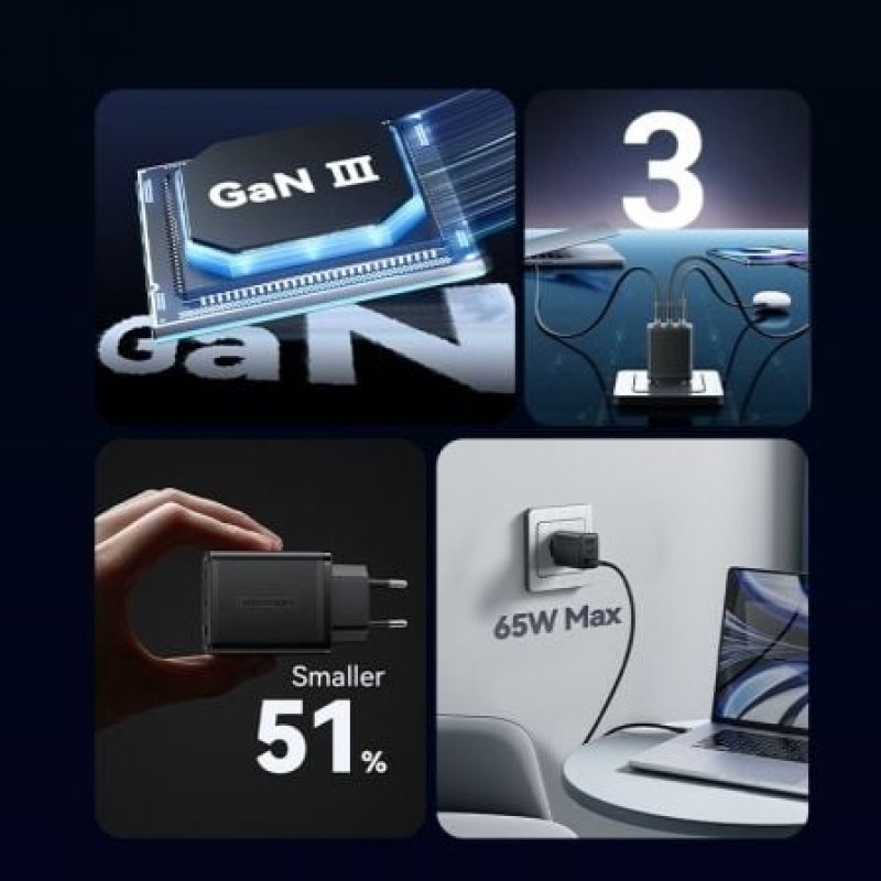 Cargador Gan de Pared Vention FERW0-EU/ 2xUSB Tipo-C/ 1xUSB/ 65W Cargador Gan de Pared Vention FERW0-EU/ 2xUSB Tipo-C/ 1xUSB/ 65W