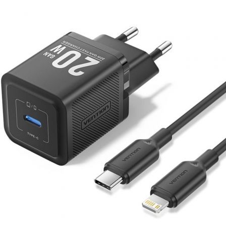 Cargador Gan de Pared Vention TZ-FEPB0-EU-02/ 1xUSB Tipo-C + Cable Lightning/ 20W Cargador Gan de Pared Vention TZ-FEPB0-EU-02/ 1xUSB Tipo-C + Cable Lightning/ 20W