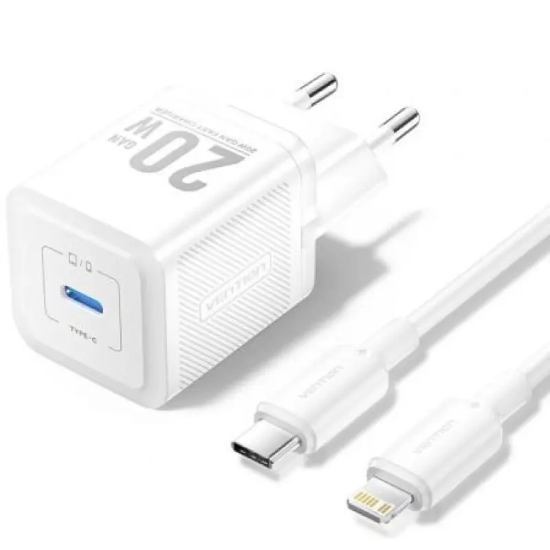 Cargador Gan de Pared Vention TZ-FEPW0-EU-02/ 1xUSB Tipo-C + Cable Lightning/ 20W Cargador Gan de Pared Vention TZ-FEPW0-EU-02/ 1xUSB Tipo-C + Cable Lightning/ 20W