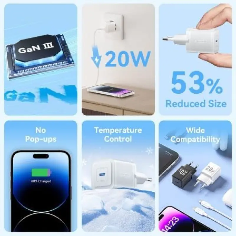 Cargador Gan de Pared Vention TZ-FEPW0-EU-02/ 1xUSB Tipo-C + Cable Lightning/ 20W Cargador Gan de Pared Vention TZ-FEPW0-EU-02/ 1xUSB Tipo-C + Cable Lightning/ 20W