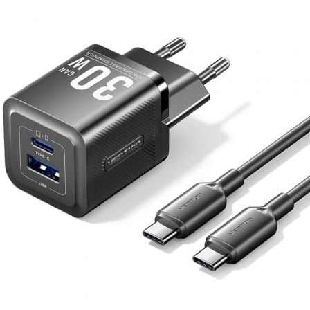 Cargador Gan de Pared Vention TZ-FEQB0-EU-01/ 1xUSB Tipo-C/ 1xUSB + Cable USB Tipo-C/ 30W Cargador Gan de Pared Vention TZ-FEQB0-EU-01/ 1xUSB Tipo-C/ 1xUSB + Cable USB Tipo-C/ 30W