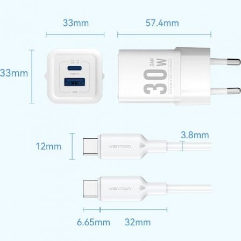 Cargador Gan de Pared Vention TZ-FEQB0-EU-01/ 1xUSB Tipo-C/ 1xUSB + Cable USB Tipo-C/ 30W Cargador Gan de Pared Vention TZ-FEQB0-EU-01/ 1xUSB Tipo-C/ 1xUSB + Cable USB Tipo-C/ 30W