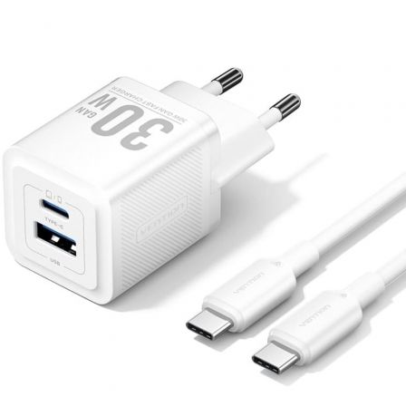Cargador Gan de Pared Vention TZ-FEQW0-EU-01/ 1xUSB Tipo-C/ 1xUSB + Cable USB Tipo-C/ 30W Cargador Gan de Pared Vention TZ-FEQW0-EU-01/ 1xUSB Tipo-C/ 1xUSB + Cable USB Tipo-C/ 30W
