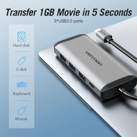Docking USB Tipo-C Vention CNDHB/ 1xHDMI/ 3xUSB/ 1xUSB Tipo-C PD/ 1xRJ45/ 1xLector tarjetas/ Gris Docking USB Tipo-C Vention CNDHB/ 1xHDMI/ 3xUSB/ 1xUSB Tipo-C PD/ 1xRJ45/ 1xLector tarjetas/ Gris