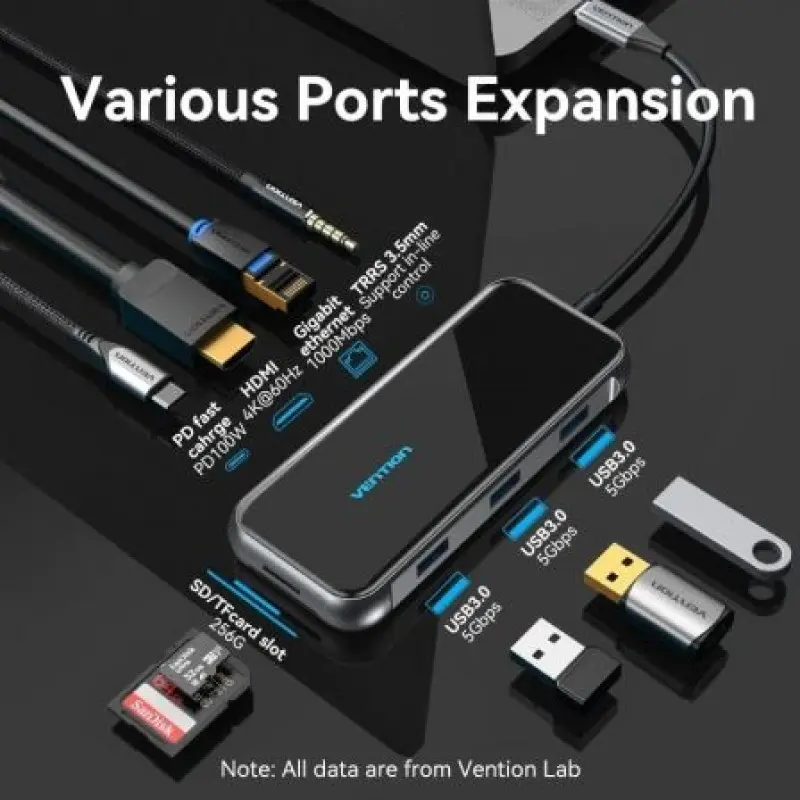 Docking USB Tipo-C Vention TFLHB/ 1xHDMI 4K/ 3xUSB/ 1xRJ45/ 1xLector de Tarjetas/ 1xTRRS 3.5/ 1xUSB Tipo-C PD/ Gris Docking USB Tipo-C Vention TFLHB/ 1xHDMI 4K/ 3xUSB/ 1xRJ45/ 1xLector de Tarjetas/ 1xTRRS 3.5/ 1xUSB Tipo-C PD/ Gris