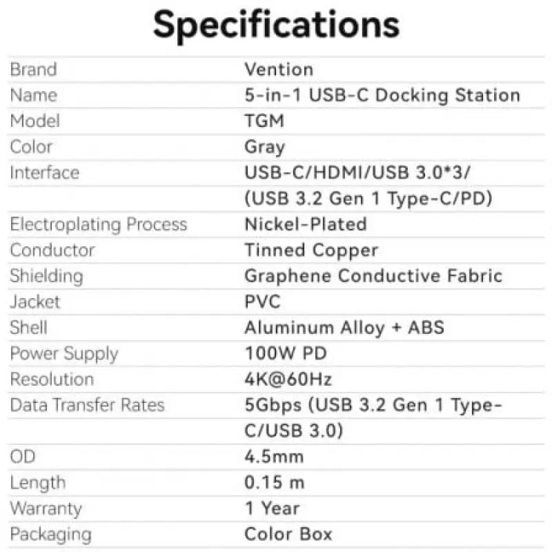 Docking USB Tipo-C Vention TGMHB/ 3xUSB/ 1xHDMI/ 1xUSB Tipo-C PD Docking USB Tipo-C Vention TGMHB/ 3xUSB/ 1xHDMI/ 1xUSB Tipo-C PD