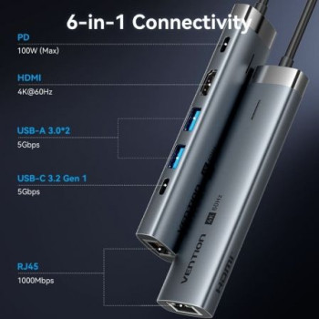 Docking USB Tipo-C Vention TGNHB/ 1xUSB 3.2 Tipo-C/ 2xUSB/ 1xHDMI/ 1xRJ45/ 1xUSB Tipo-C PD Docking USB Tipo-C Vention TGNHB/ 1xUSB 3.2 Tipo-C/ 2xUSB/ 1xHDMI/ 1xRJ45/ 1xUSB Tipo-C PD