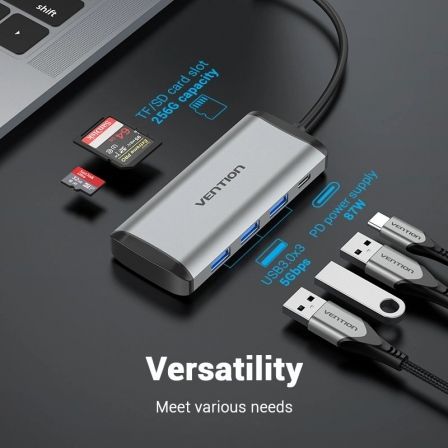Docking USB Tipo-C Vention TGRHB/ 3xUSB/ 1xLector Tarjetas/ 1xUSB Tipo-C PD/ Gris Docking USB Tipo-C Vention TGRHB/ 3xUSB/ 1xLector Tarjetas/ 1xUSB Tipo-C PD/ Gris